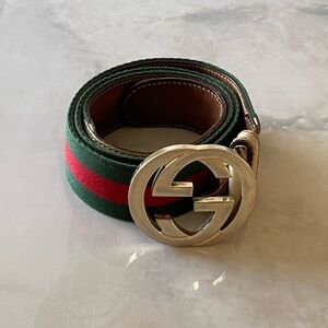 Gucci Green and Red Web Stripe Belt with Gold Double G Buckle